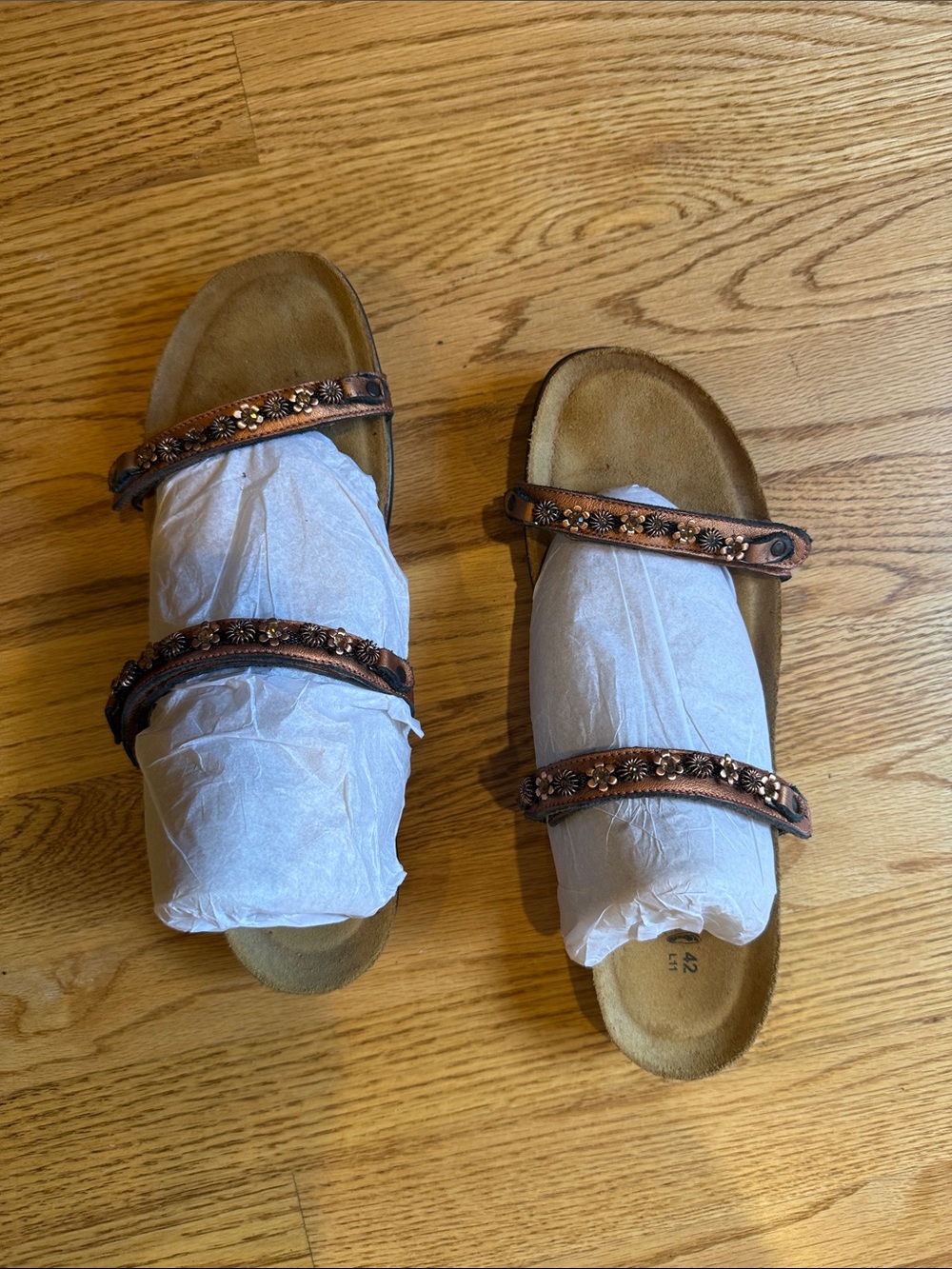 Naot Copper Brown Floral-Stud Double-Strap Slide Sandals